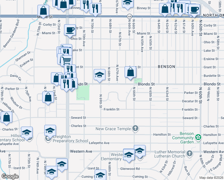 map of restaurants, bars, coffee shops, grocery stores, and more near 6658 Decatur Street in Omaha
