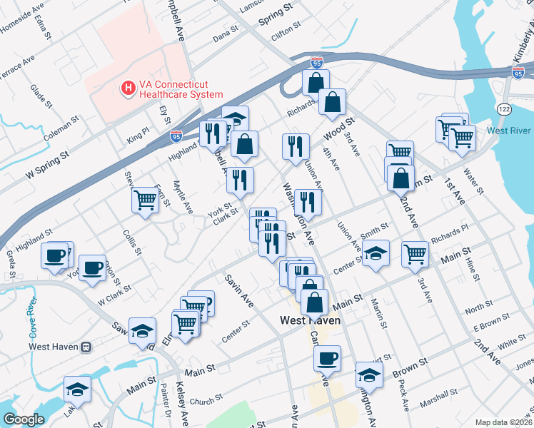 map of restaurants, bars, coffee shops, grocery stores, and more near 37 George Street in West Haven