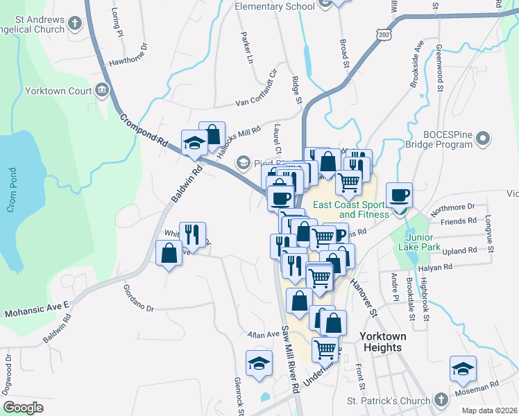 map of restaurants, bars, coffee shops, grocery stores, and more near 2051 Crompond Road in Yorktown Heights