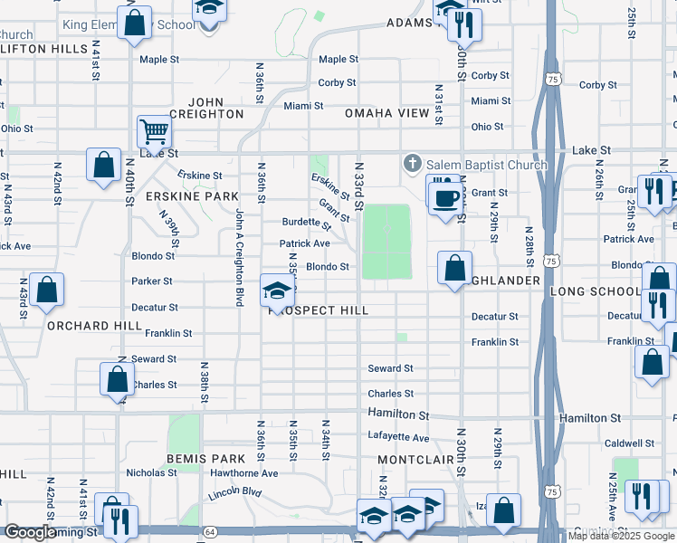 map of restaurants, bars, coffee shops, grocery stores, and more near 3319 Blondo Street in Omaha