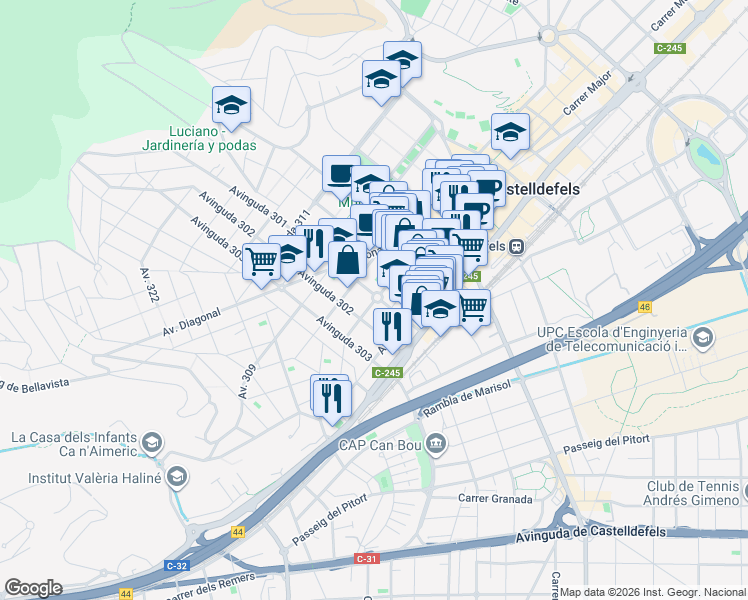 map of restaurants, bars, coffee shops, grocery stores, and more near in Castelldefels
