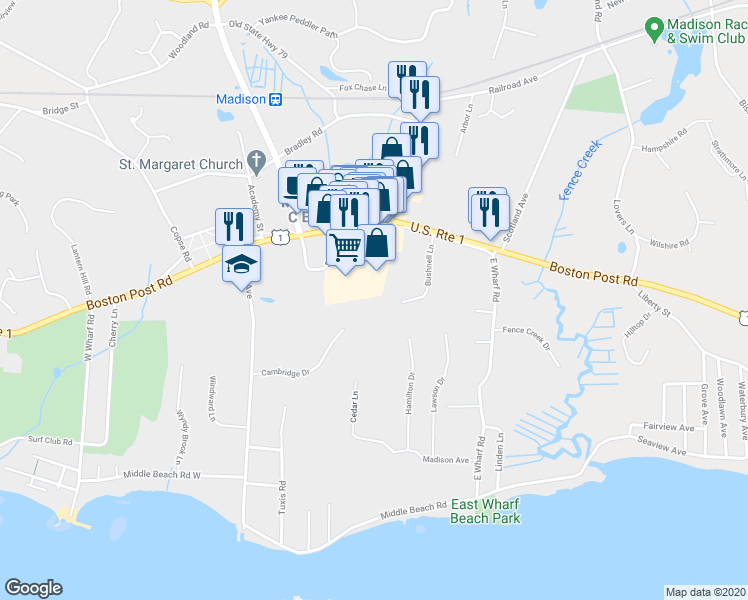 map of restaurants, bars, coffee shops, grocery stores, and more near 9 Bushnell Lane in Madison