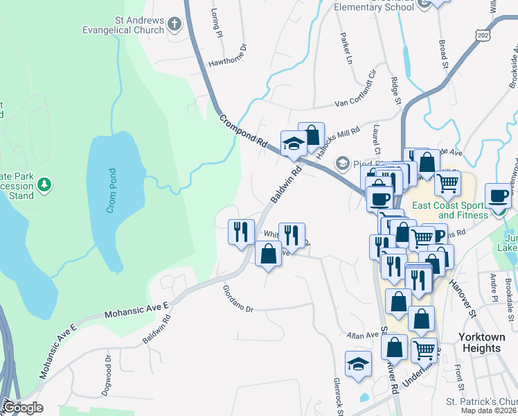 map of restaurants, bars, coffee shops, grocery stores, and more near 2057 Lavoie Court in Yorktown Heights