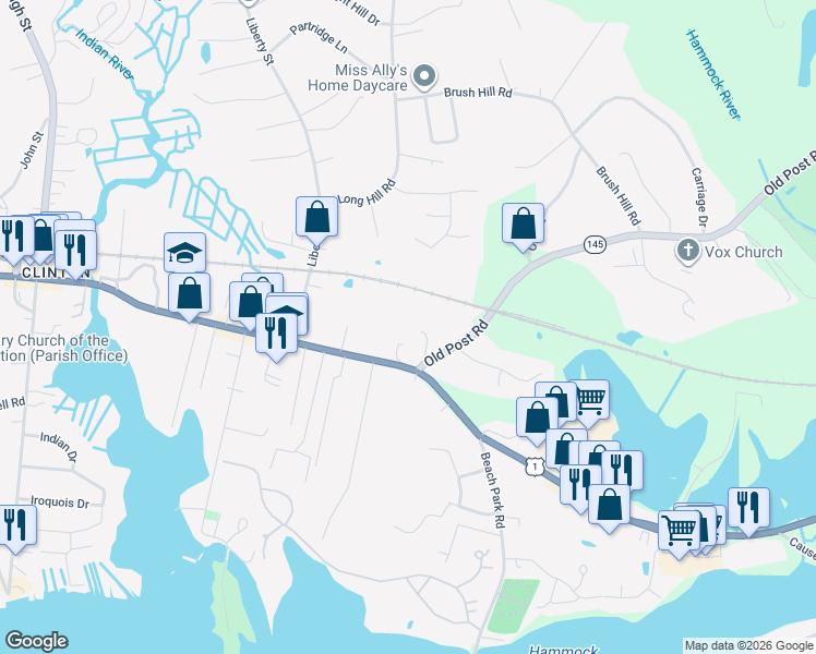 map of restaurants, bars, coffee shops, grocery stores, and more near 206 Lantern Court in Clinton