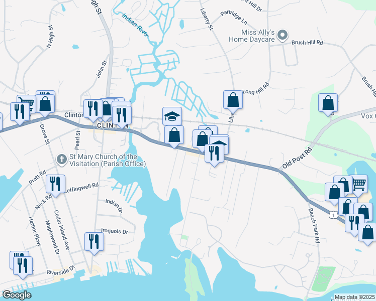 map of restaurants, bars, coffee shops, grocery stores, and more near 82 East Main Street in Clinton