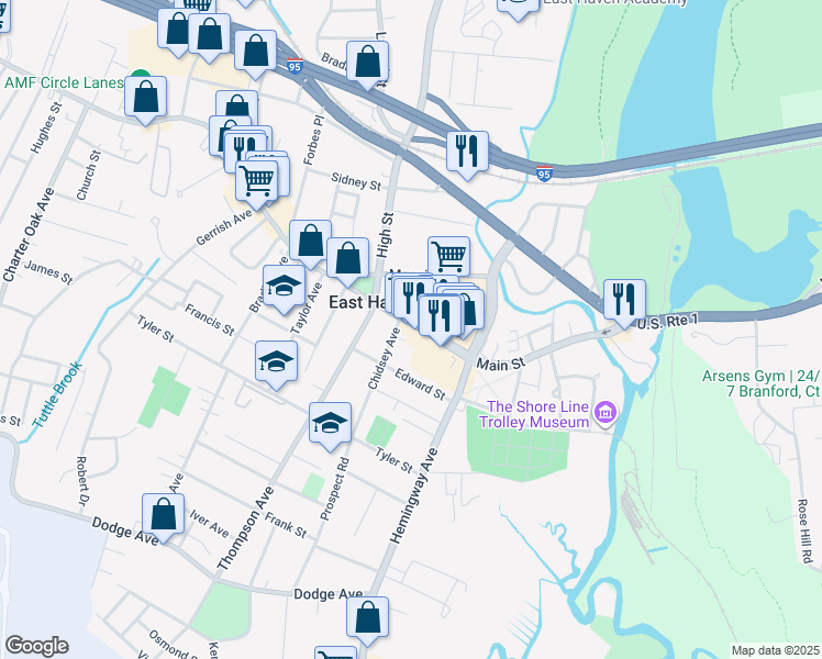 map of restaurants, bars, coffee shops, grocery stores, and more near 208 Main Street in East Haven