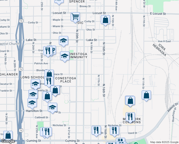 map of restaurants, bars, coffee shops, grocery stores, and more near 2006 North 18th Street in Omaha