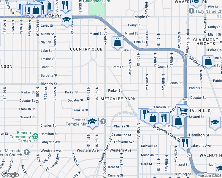 map of restaurants, bars, coffee shops, grocery stores, and more near 5127 Parker Street in Omaha