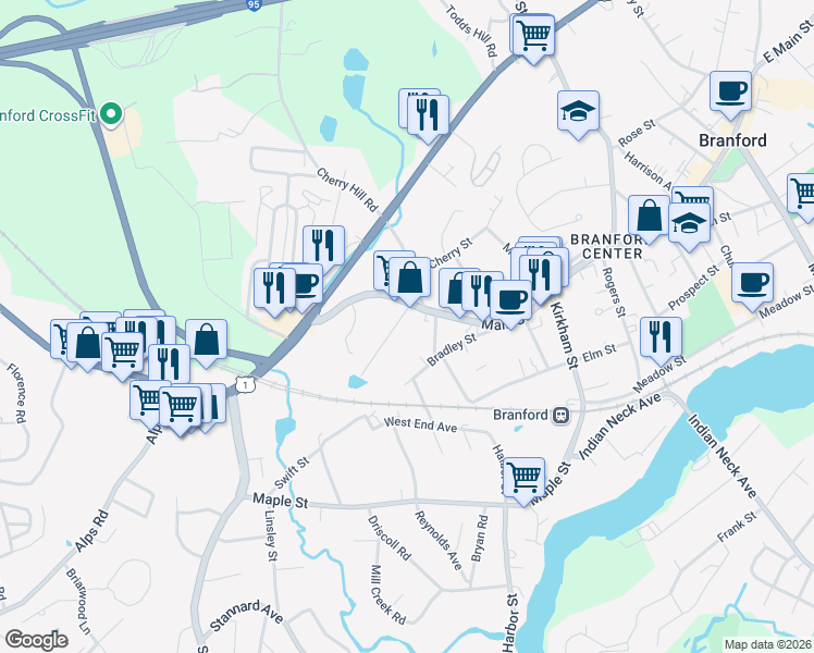 map of restaurants, bars, coffee shops, grocery stores, and more near 61-63 Home Place in Branford