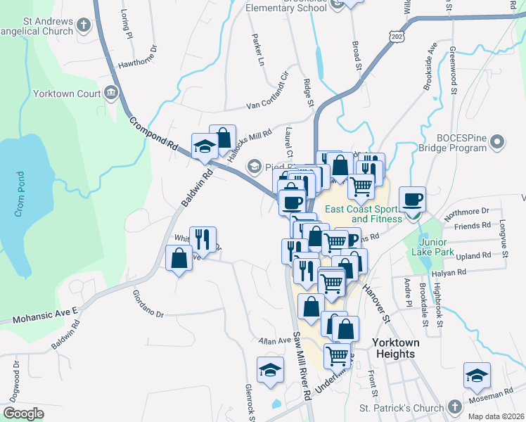 map of restaurants, bars, coffee shops, grocery stores, and more near 2051 Crompond Road in Yorktown Heights