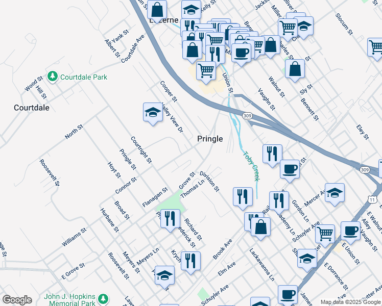 map of restaurants, bars, coffee shops, grocery stores, and more near Evans Street in Kingston