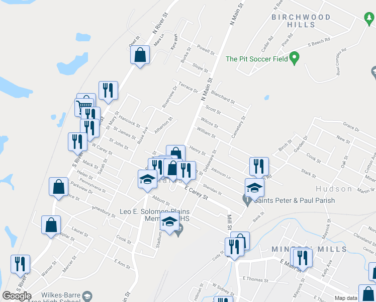 map of restaurants, bars, coffee shops, grocery stores, and more near 36 Delaware Street in Wilkes-Barre