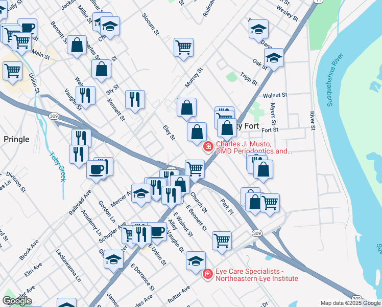map of restaurants, bars, coffee shops, grocery stores, and more near 41 Eley Street in Kingston