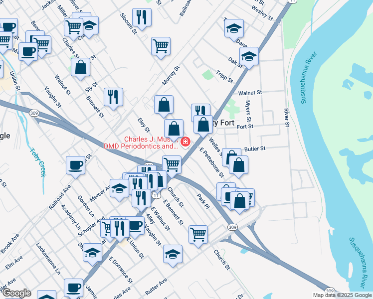 map of restaurants, bars, coffee shops, grocery stores, and more near 21 East Pettebone Street in Forty Fort