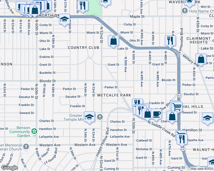 map of restaurants, bars, coffee shops, grocery stores, and more near 5127 Parker Street in Omaha