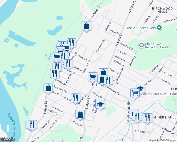 map of restaurants, bars, coffee shops, grocery stores, and more near 49 Catherine St in Wilkes-Barre