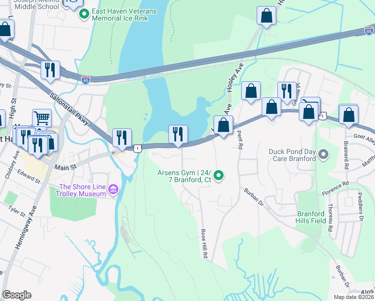 map of restaurants, bars, coffee shops, grocery stores, and more near 139 West Main Street in Branford