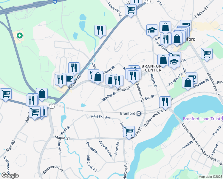 map of restaurants, bars, coffee shops, grocery stores, and more near 12 Bradley Street in Branford