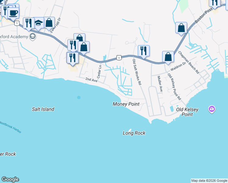 map of restaurants, bars, coffee shops, grocery stores, and more near 23 Beach Court in Westbrook