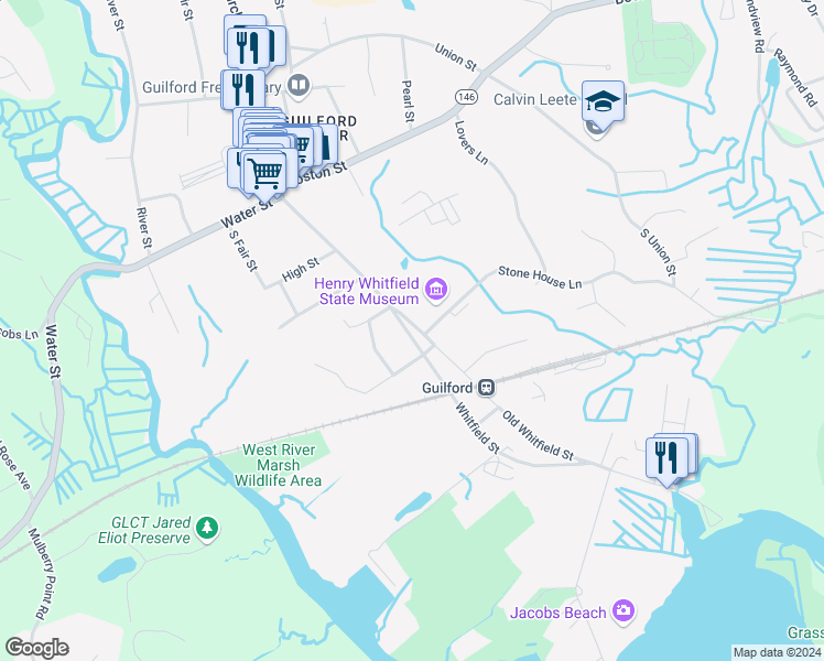 map of restaurants, bars, coffee shops, grocery stores, and more near 327 New Whitfield Street in Guilford
