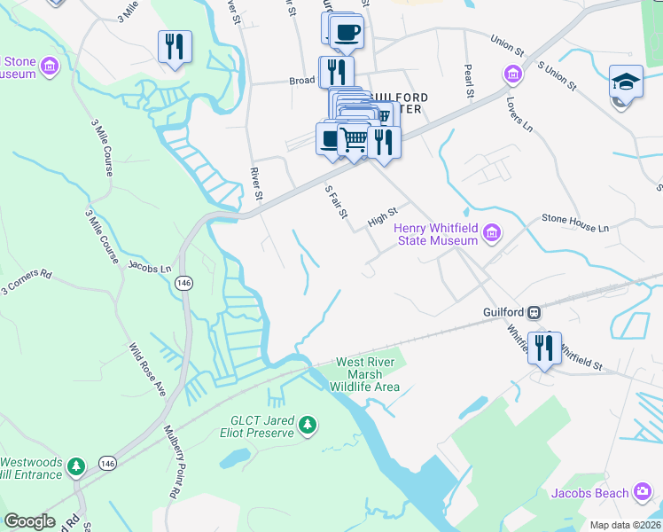 map of restaurants, bars, coffee shops, grocery stores, and more near 80 Meadow Street in Guilford