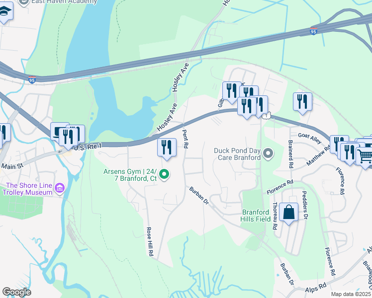 map of restaurants, bars, coffee shops, grocery stores, and more near 32 Pent Road in Branford