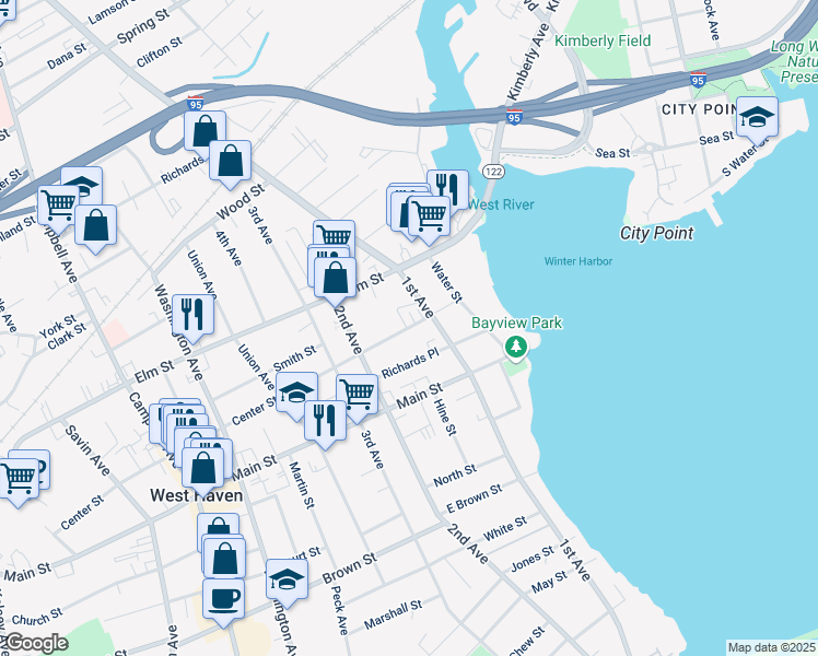 map of restaurants, bars, coffee shops, grocery stores, and more near 60 Center Street in West Haven