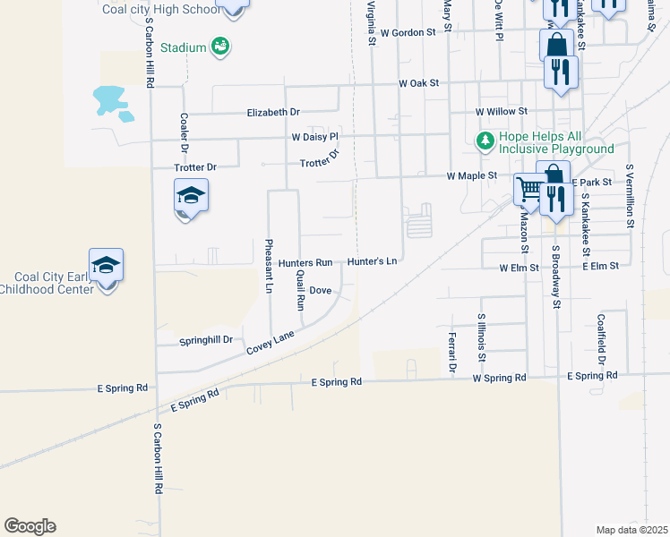 map of restaurants, bars, coffee shops, grocery stores, and more near 533 Hunters Run in Coal City