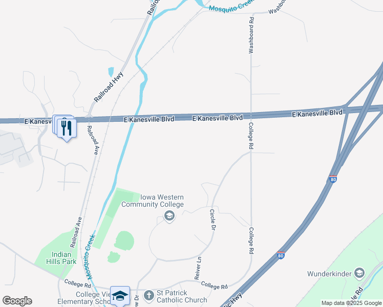 map of restaurants, bars, coffee shops, grocery stores, and more near 2800 College Road in Council Bluffs