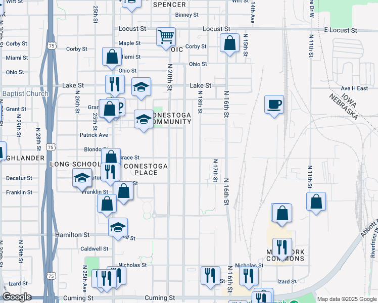 map of restaurants, bars, coffee shops, grocery stores, and more near 2006 North 18th Street in Omaha