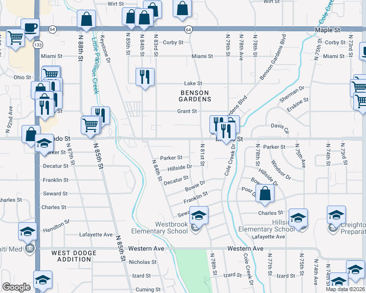 map of restaurants, bars, coffee shops, grocery stores, and more near 8305 Parker Court in Omaha