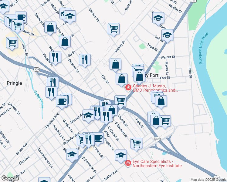 map of restaurants, bars, coffee shops, grocery stores, and more near 831 Mercer Avenue in Kingston