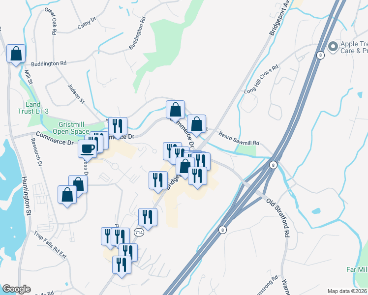 map of restaurants, bars, coffee shops, grocery stores, and more near 100 Commerce Drive in Shelton
