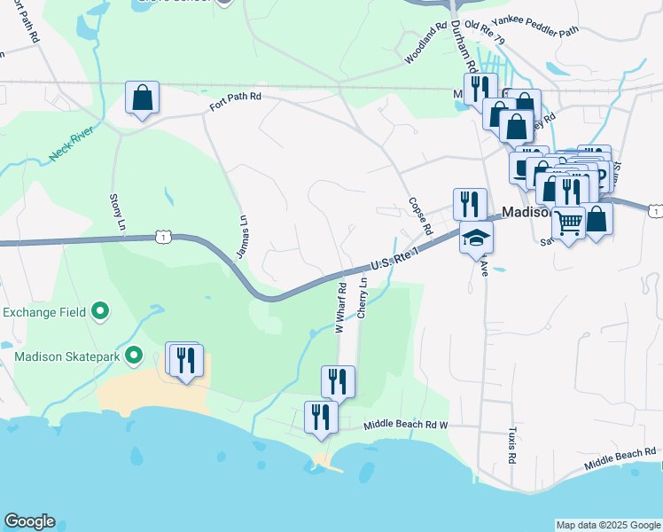 map of restaurants, bars, coffee shops, grocery stores, and more near 8 West Wharf Road in Madison