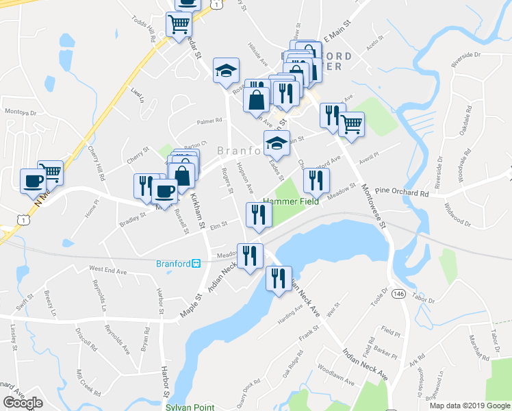 map of restaurants, bars, coffee shops, grocery stores, and more near 38 Hopson Avenue in Branford