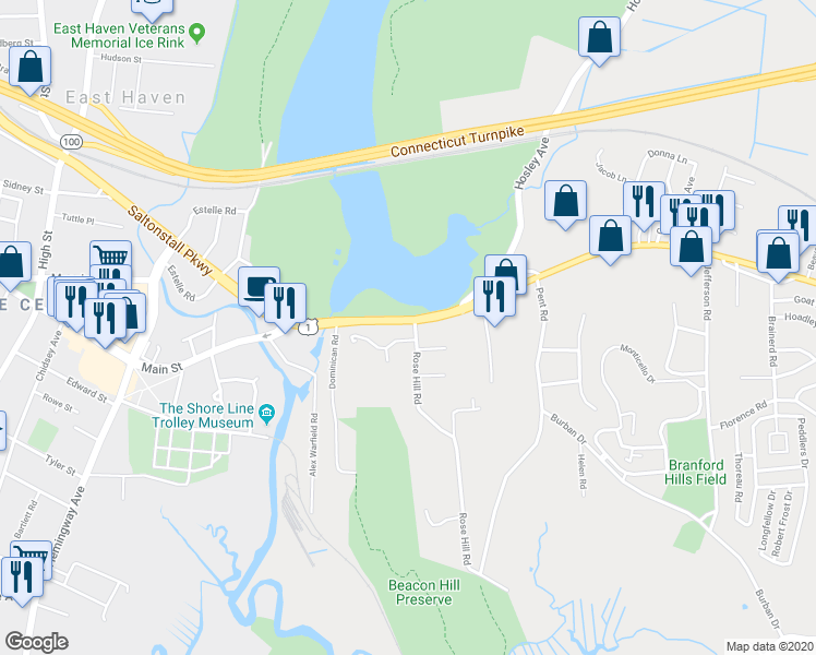 map of restaurants, bars, coffee shops, grocery stores, and more near 3 Rose Hill Road in Branford