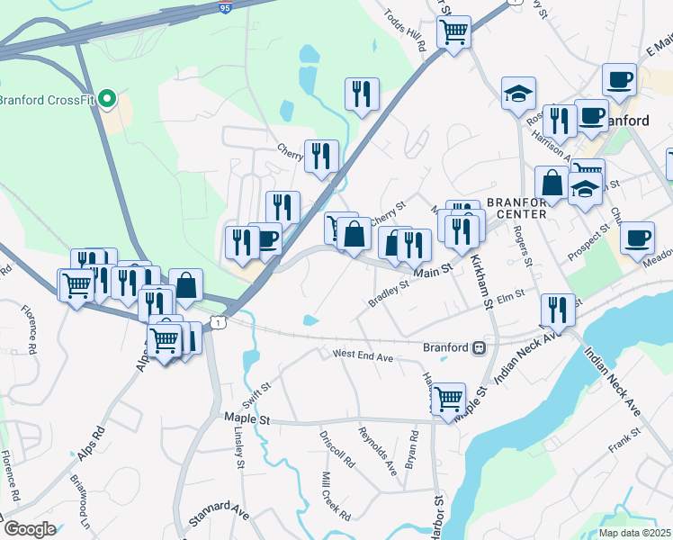 map of restaurants, bars, coffee shops, grocery stores, and more near 61-63 Home Place in Branford