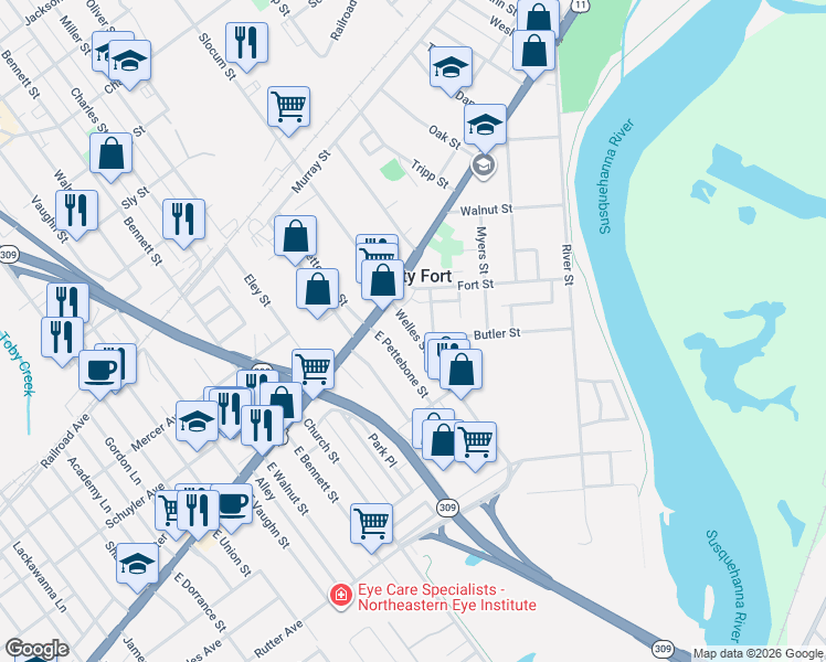 map of restaurants, bars, coffee shops, grocery stores, and more near 24 East Pettebone Street in Forty Fort