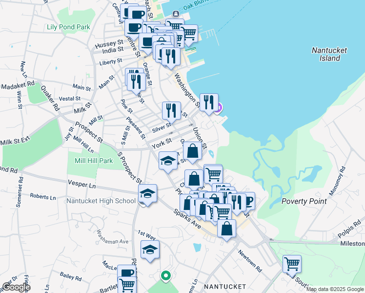map of restaurants, bars, coffee shops, grocery stores, and more near 94 Orange Street in Nantucket