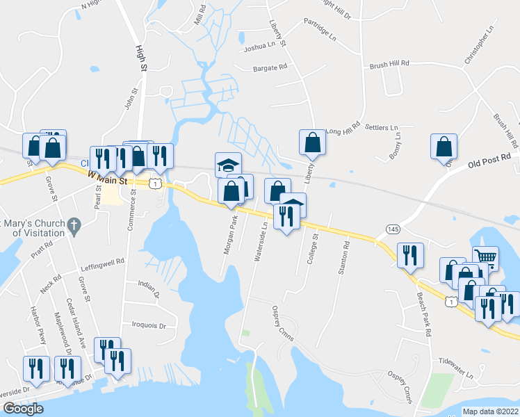 map of restaurants, bars, coffee shops, grocery stores, and more near 95 East Main Street in Clinton