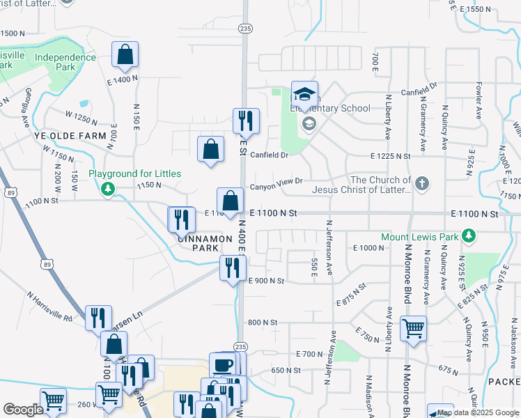 map of restaurants, bars, coffee shops, grocery stores, and more near 457 East 1100 North in Ogden