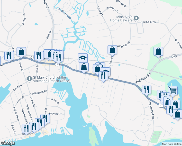 map of restaurants, bars, coffee shops, grocery stores, and more near 82 East Main Street in Clinton