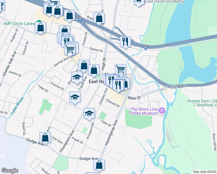 map of restaurants, bars, coffee shops, grocery stores, and more near 242 Main Street in Branford