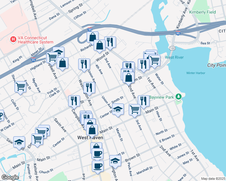 map of restaurants, bars, coffee shops, grocery stores, and more near 184 Elm Street in West Haven