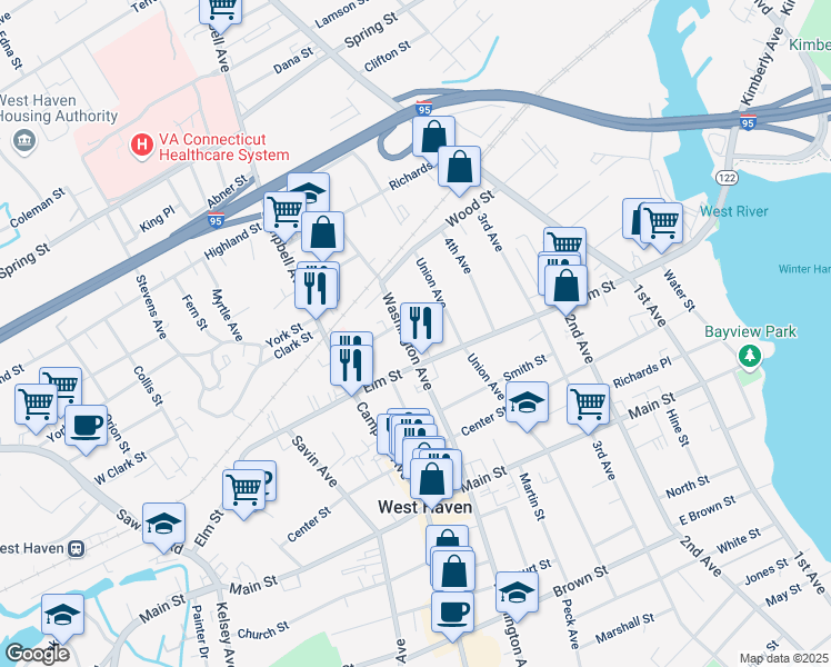 map of restaurants, bars, coffee shops, grocery stores, and more near 233 Elm Street in West Haven