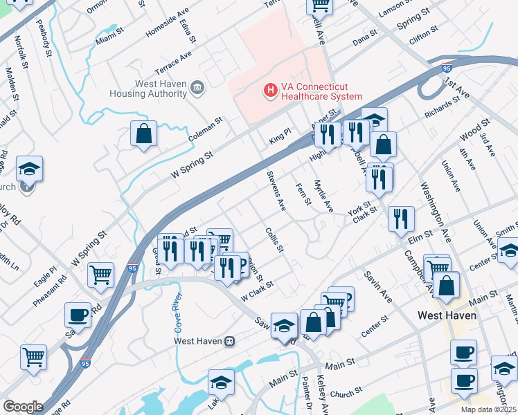 map of restaurants, bars, coffee shops, grocery stores, and more near 37 West Prospect Street in West Haven