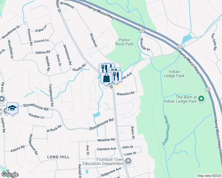map of restaurants, bars, coffee shops, grocery stores, and more near 6486 Main Street in Trumbull
