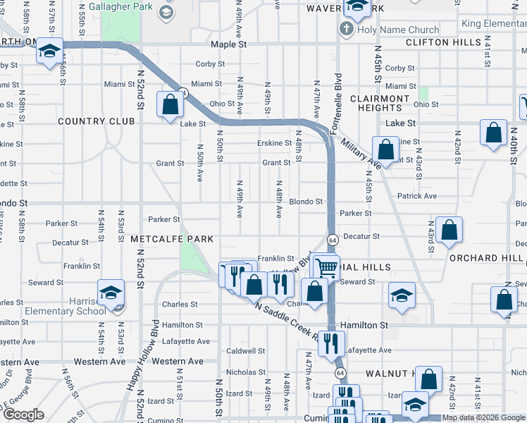 map of restaurants, bars, coffee shops, grocery stores, and more near 1820 North 49th Street in Omaha