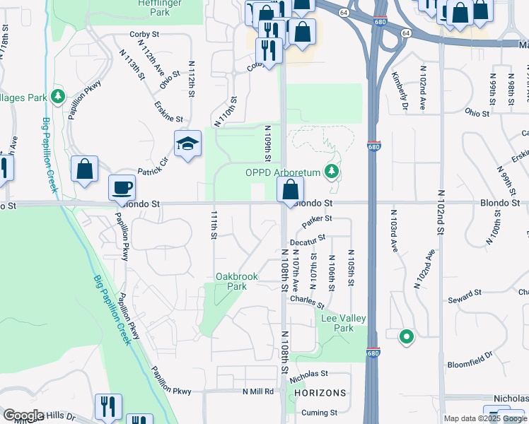map of restaurants, bars, coffee shops, grocery stores, and more near 10808 Oakbrook Circle in Omaha