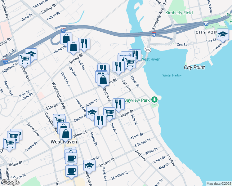 map of restaurants, bars, coffee shops, grocery stores, and more near 60 Center Street in West Haven